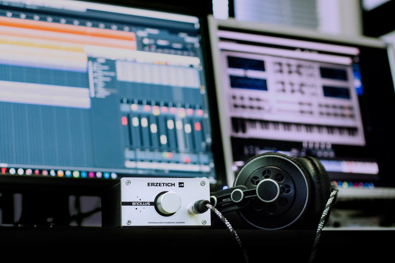 Close-up of a professional music studio setup featuring an amplifier and headphones with digital audio workstations in the background.